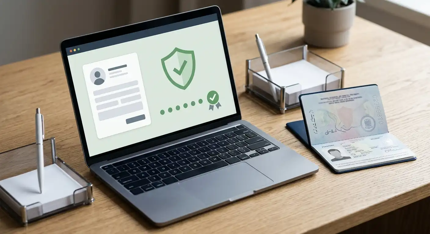 Illustration of an account verification process with a generic identity document, secure profile card and check marks, without logos or readable personal data
