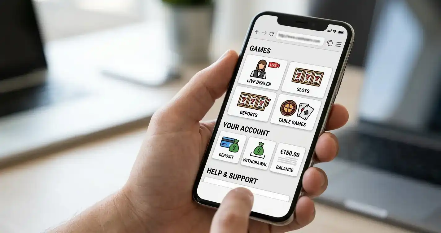 Illustration of a smartphone showing a generic casino-style browser layout with abstract game cards and payment symbols, without logos or readable text