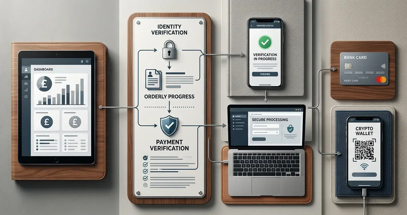 Illustration showing a secure digital payout journey from casino balance through verification to a bank card and crypto wallet, with no logos or text