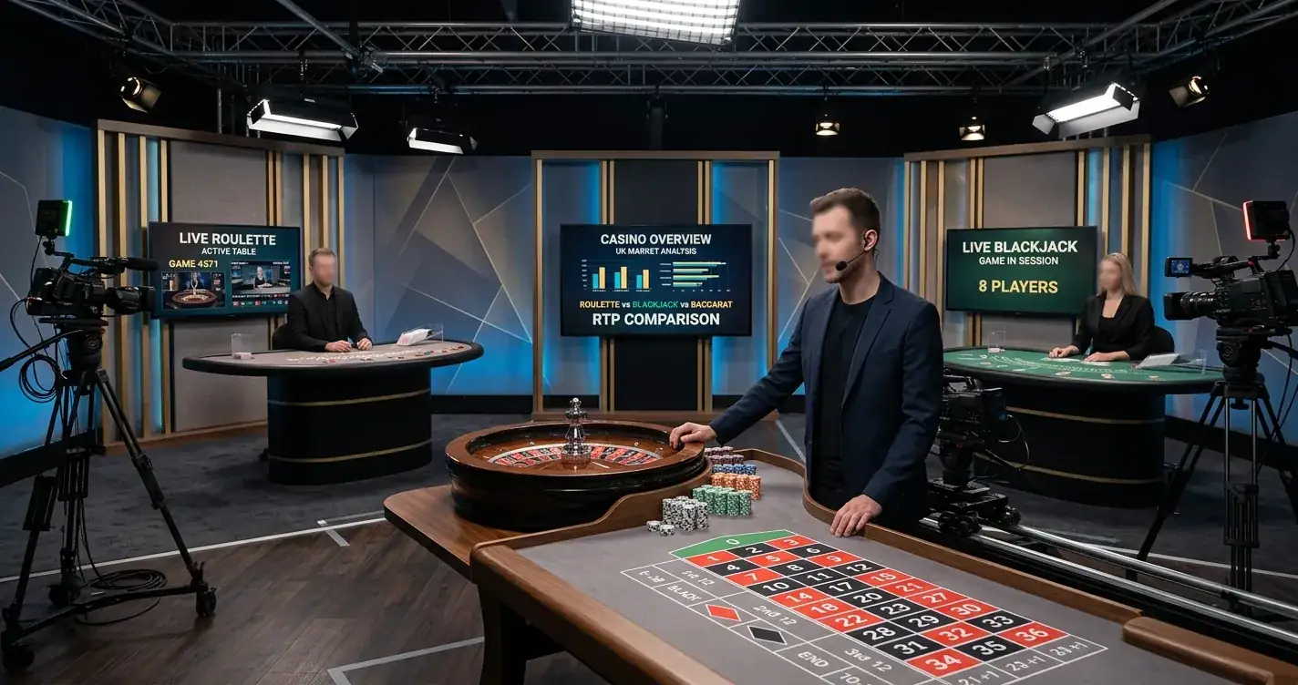 Illustration of a generic live casino studio with roulette wheel, card table and camera lights, without logos, text or identifiable people