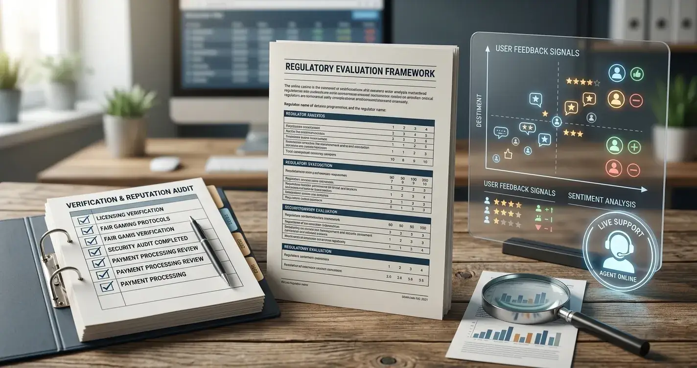 Illustration of a casino reputation assessment with licence document, support chat symbols and review signals, without logos or text