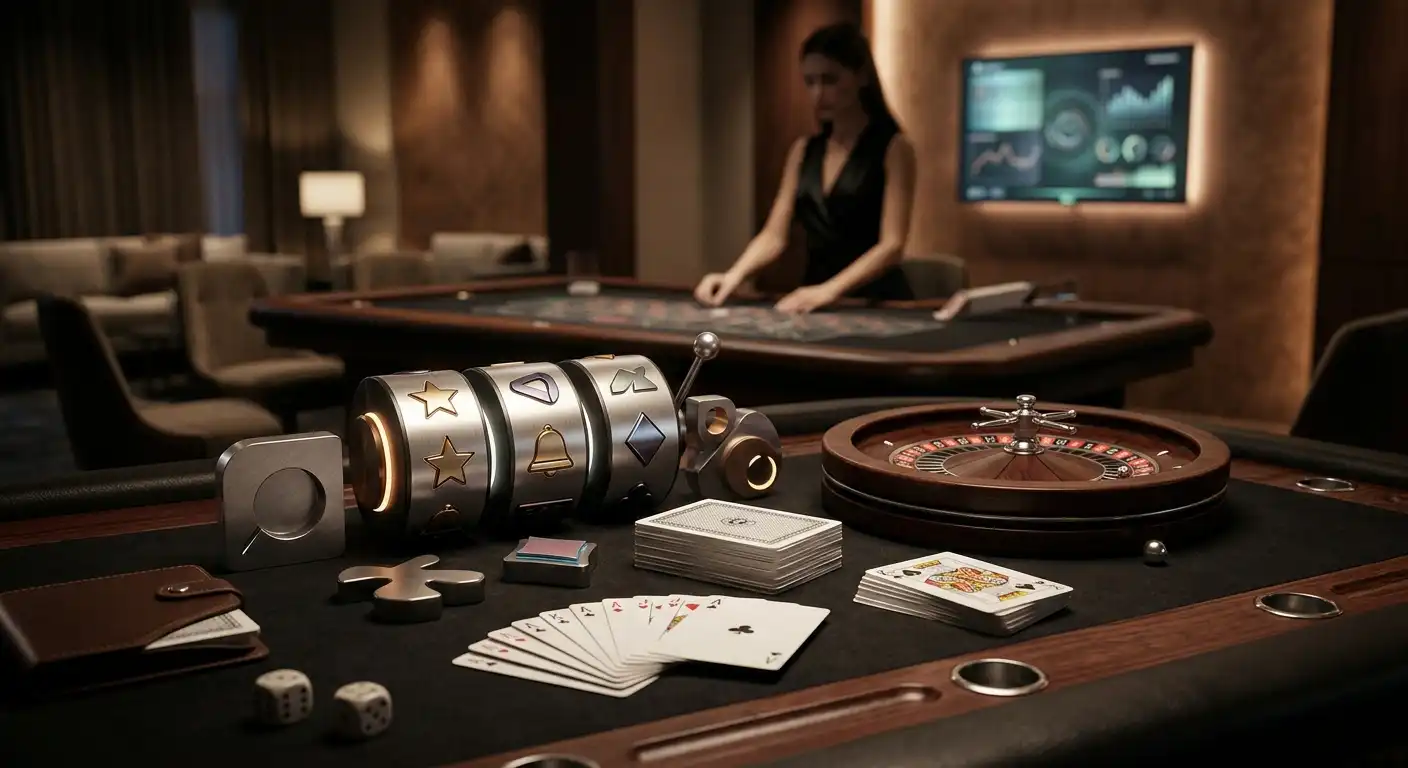 Conceptual image of slot reels and live casino tables without brand logos